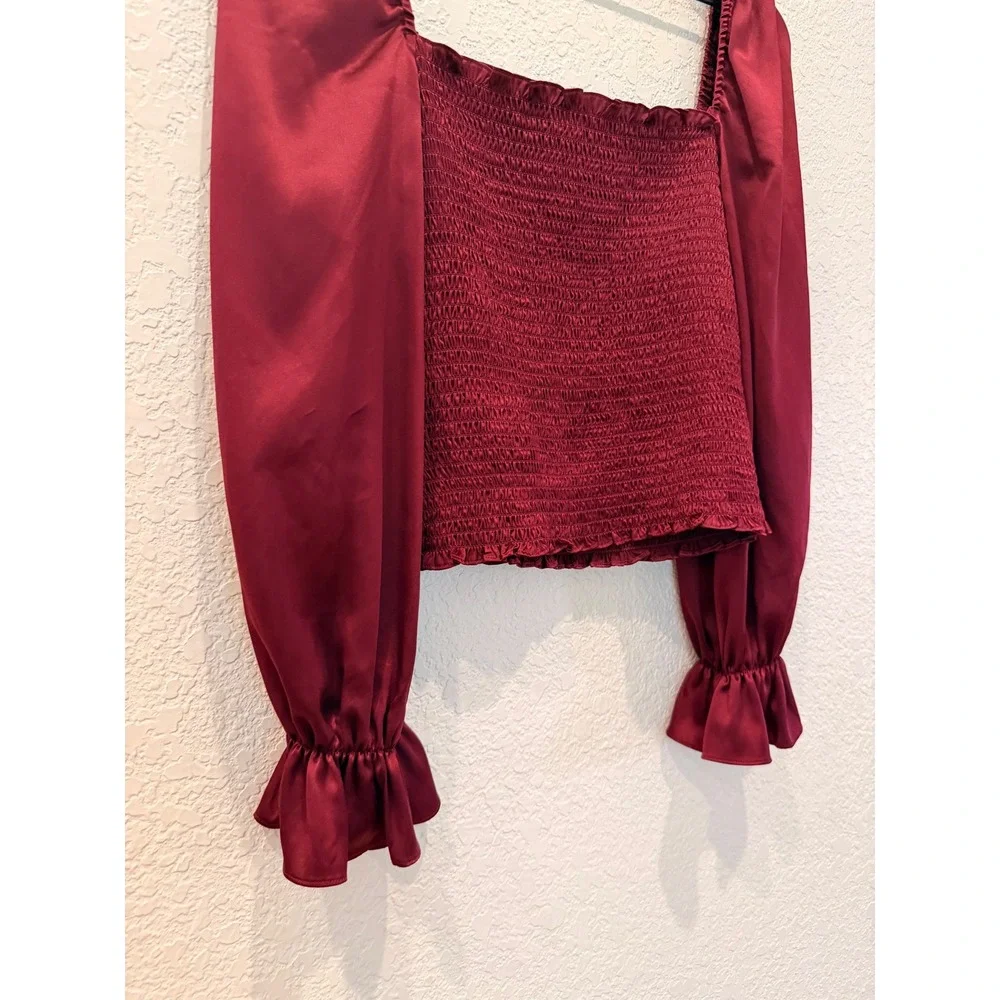 Reformation Burgundy 100% Silk Smocked Long Sleeve Square Neck Chamomile Top S